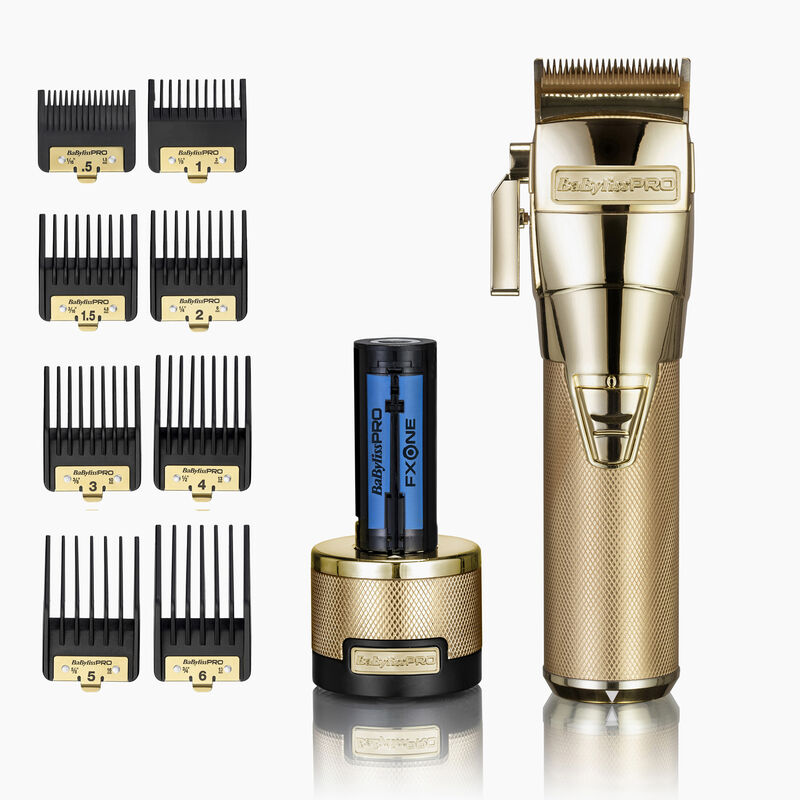 Złota maszynka BaByliss PRO FXONE FX899GE z baterią, podstawką ładującą i kompletem 8 nasadek