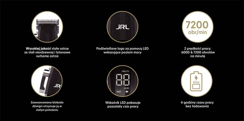 Technologie maszynki JRL Fresh Fade 2020CG — Smart-Clip, wyświetlacz LED, 7200 obr/min, podświetlane logo