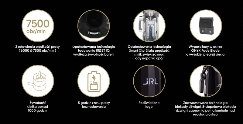 Technologie maszynki JRL Onyx 2020CB — Smart-Clip, Reset IQ, ostrze Onyx Fade, 7500 obr/min