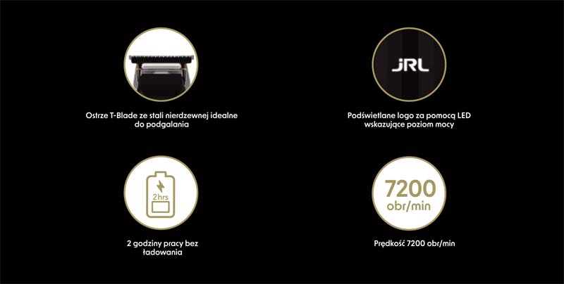 Technologie trymera JRL Fresh Fade FF2020T Gold — ostrze T-blade, wyświetlacz LED, 7200 obr/min